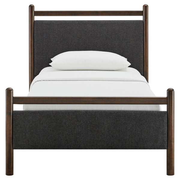 Modway Furniture Ginny Upholstered Twin Platform Bed Padded Headboard Solid Wood Frame for Kids Room Wenge Heathered Dark Gray MOD-7244-WEN-HDG