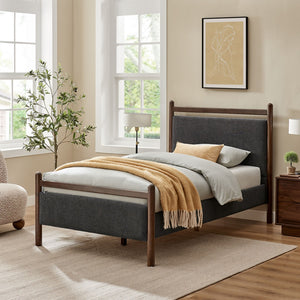 Modway Furniture Ginny Upholstered Twin Platform Bed Padded Headboard Solid Wood Frame for Kids Room Wenge Heathered Dark Gray MOD-7244-WEN-HDG