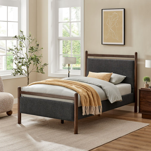 Modway Furniture Ginny Upholstered Twin Platform Bed Padded Headboard Solid Wood Frame for Kids Room Wenge Heathered Dark Gray MOD-7244-WEN-HDG