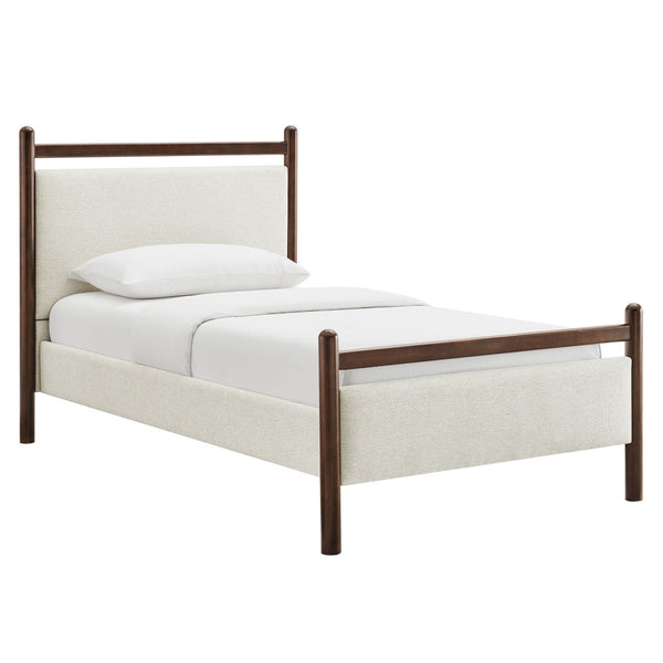 Modway Furniture Ginny Upholstered Twin Platform Bed Padded Headboard Solid Wood Frame for Kids Room Wenge Heathered Ivory MOD-7244-WEN-HEI