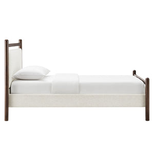 Modway Furniture Ginny Upholstered Twin Platform Bed Padded Headboard Solid Wood Frame for Kids Room Wenge Heathered Ivory MOD-7244-WEN-HEI