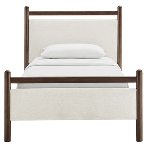 Modway Furniture Ginny Upholstered Twin Platform Bed Padded Headboard Solid Wood Frame for Kids Room Wenge Heathered Ivory MOD-7244-WEN-HEI