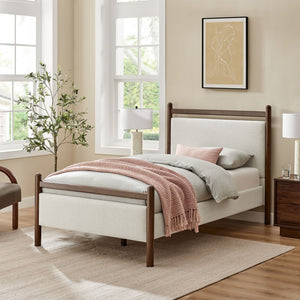 Modway Furniture Ginny Upholstered Twin Platform Bed Padded Headboard Solid Wood Frame for Kids Room Wenge Heathered Ivory MOD-7244-WEN-HEI