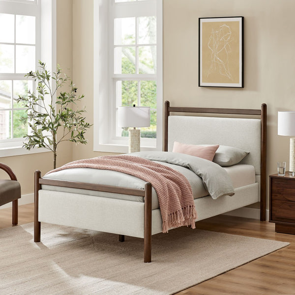 Modway Furniture Ginny Upholstered Twin Platform Bed Padded Headboard Solid Wood Frame for Kids Room Wenge Heathered Ivory MOD-7244-WEN-HEI