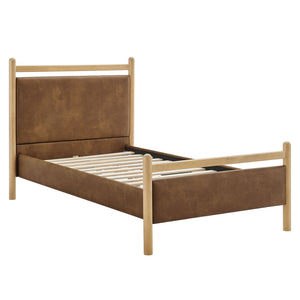 Modway Furniture Ginny Twin Platform Bed Padded Vegan Leather Headboard Footboard Solid Wood Frame Light Oak Canyon MOD-7245-LOA-CYN