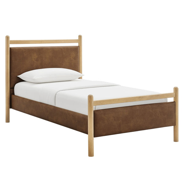 Modway Furniture Ginny Twin Platform Bed Padded Vegan Leather Headboard Footboard Solid Wood Frame Light Oak Canyon MOD-7245-LOA-CYN