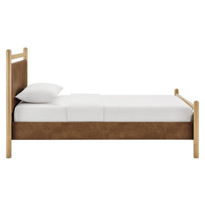 Modway Furniture Ginny Twin Platform Bed Padded Vegan Leather Headboard Footboard Solid Wood Frame Light Oak Canyon MOD-7245-LOA-CYN