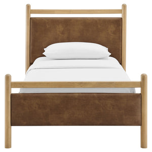 Modway Furniture Ginny Twin Platform Bed Padded Vegan Leather Headboard Footboard Solid Wood Frame Light Oak Canyon MOD-7245-LOA-CYN