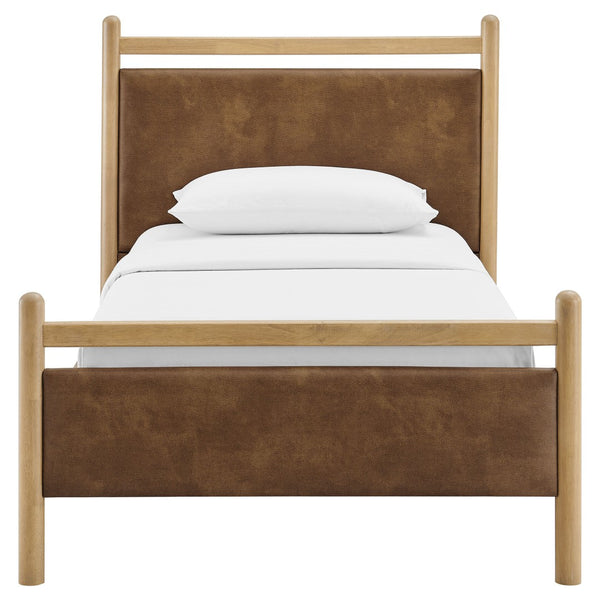Modway Furniture Ginny Twin Platform Bed Padded Vegan Leather Headboard Footboard Solid Wood Frame Light Oak Canyon MOD-7245-LOA-CYN