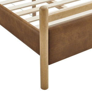 Modway Furniture Ginny Twin Platform Bed Padded Vegan Leather Headboard Footboard Solid Wood Frame Light Oak Canyon MOD-7245-LOA-CYN