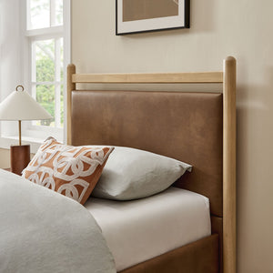Modway Furniture Ginny Twin Platform Bed Padded Vegan Leather Headboard Footboard Solid Wood Frame Light Oak Canyon MOD-7245-LOA-CYN