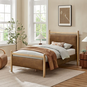 Modway Furniture Ginny Twin Platform Bed Padded Vegan Leather Headboard Footboard Solid Wood Frame Light Oak Canyon MOD-7245-LOA-CYN