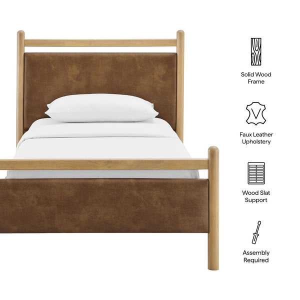 Modway Furniture Ginny Twin Platform Bed Padded Vegan Leather Headboard Footboard Solid Wood Frame Light Oak Canyon MOD-7245-LOA-CYN