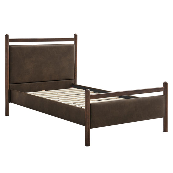 Modway Furniture Ginny Twin Platform Bed Padded Vegan Leather Headboard Footboard Solid Wood Frame Wenge Mushroom MOD-7245-WEN-MUS