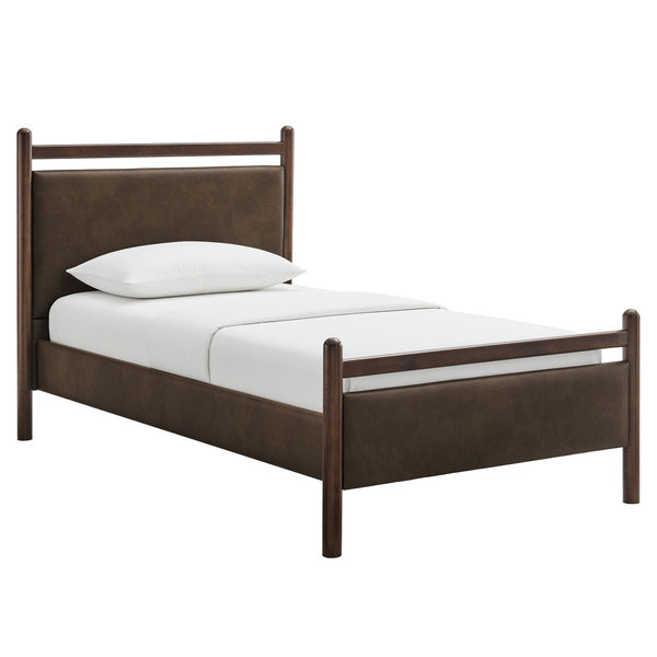 Modway Furniture Ginny Twin Platform Bed Padded Vegan Leather Headboard Footboard Solid Wood Frame Wenge Mushroom MOD-7245-WEN-MUS