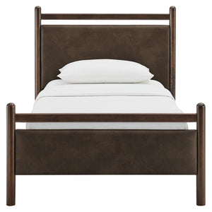 Modway Furniture Ginny Twin Platform Bed Padded Vegan Leather Headboard Footboard Solid Wood Frame Wenge Mushroom MOD-7245-WEN-MUS