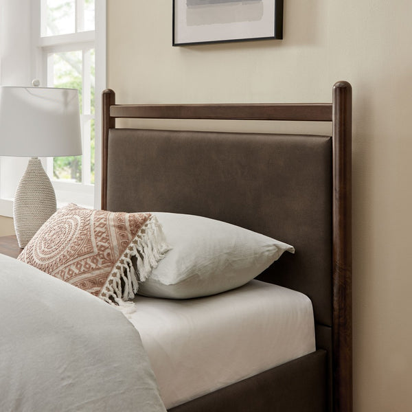 Modway Furniture Ginny Twin Platform Bed Padded Vegan Leather Headboard Footboard Solid Wood Frame Wenge Mushroom MOD-7245-WEN-MUS
