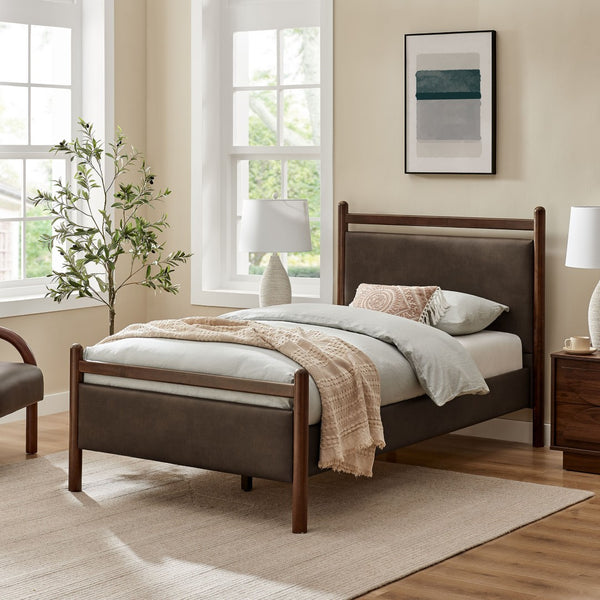 Modway Furniture Ginny Twin Platform Bed Padded Vegan Leather Headboard Footboard Solid Wood Frame Wenge Mushroom MOD-7245-WEN-MUS