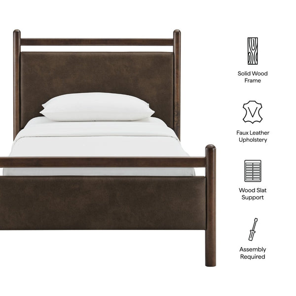 Modway Furniture Ginny Twin Platform Bed Padded Vegan Leather Headboard Footboard Solid Wood Frame Wenge Mushroom MOD-7245-WEN-MUS