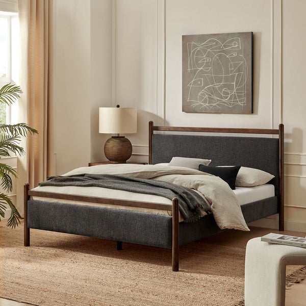 Modway Furniture Ginny Upholstered Full Platform Bed Solid Wood Slats Padded Headboard Bedroom Wenge Heathered Dark Gray MOD-7246-WEN-HDG