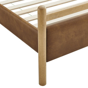 Modway Furniture Ginny Faux Leather Platform Bed with Cushioned Headboard for Modern Bedrooms Light Oak Canyon MOD-7247-LOA-CYN