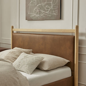 Modway Furniture Ginny Faux Leather Platform Bed with Cushioned Headboard for Modern Bedrooms Light Oak Canyon MOD-7247-LOA-CYN