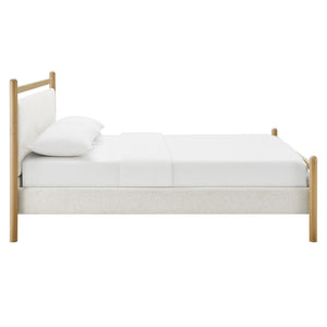 Modway Furniture Ginny Queen Platform Bed Upholstered Padded Headboard Modern Low Profile Frame Light Oak Heathered Ivory MOD-7248-LOA-HEI