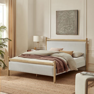Modway Furniture Ginny Queen Platform Bed Upholstered Padded Headboard Modern Low Profile Frame Light Oak Heathered Ivory MOD-7248-LOA-HEI