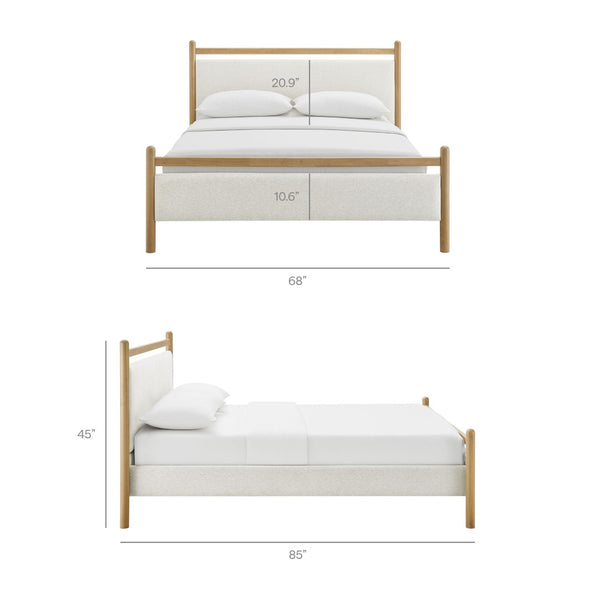 Modway Furniture Ginny Queen Platform Bed Upholstered Padded Headboard Modern Low Profile Frame Light Oak Heathered Ivory MOD-7248-LOA-HEI