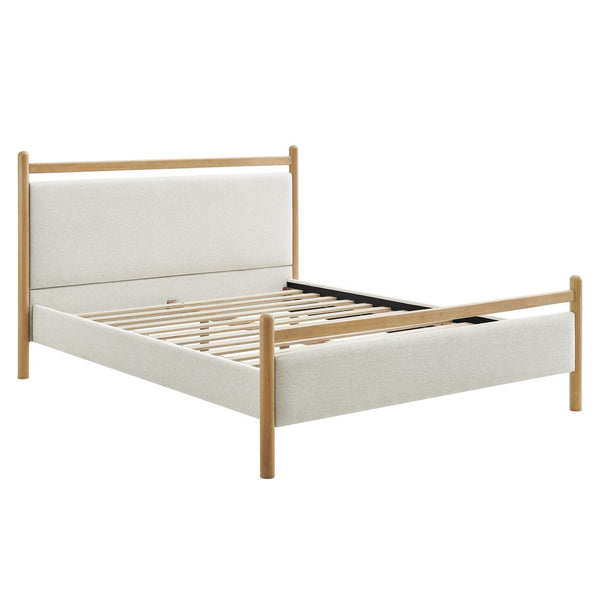 Modway Furniture Ginny Modway King Platform Bed Upholstered Headboard Footboard Low Profile Frame Light Oak Heathered Ivory MOD-7250-LOA-HEI
