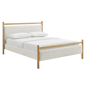 Modway Furniture Ginny Modway King Platform Bed Upholstered Headboard Footboard Low Profile Frame Light Oak Heathered Ivory MOD-7250-LOA-HEI