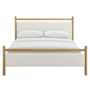Modway Furniture Ginny Modway King Platform Bed Upholstered Headboard Footboard Low Profile Frame Light Oak Heathered Ivory MOD-7250-LOA-HEI