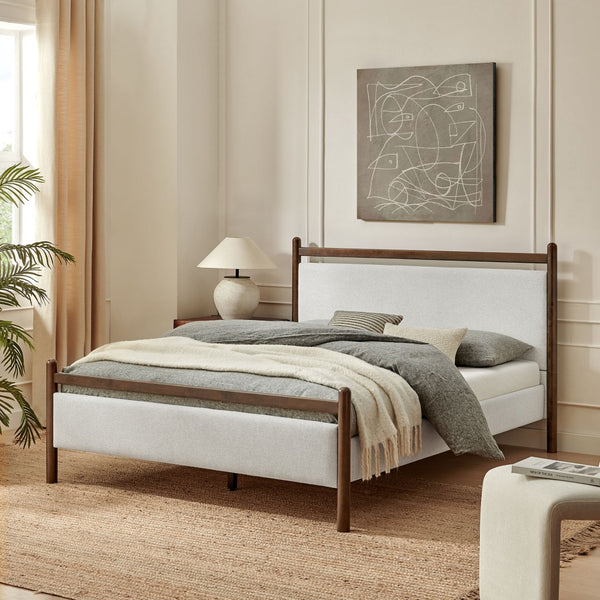 Modway Furniture Ginny Modway King Platform Bed Upholstered Headboard Footboard Low Profile Frame Wenge Heathered Ivory MOD-7250-WEN-HEI