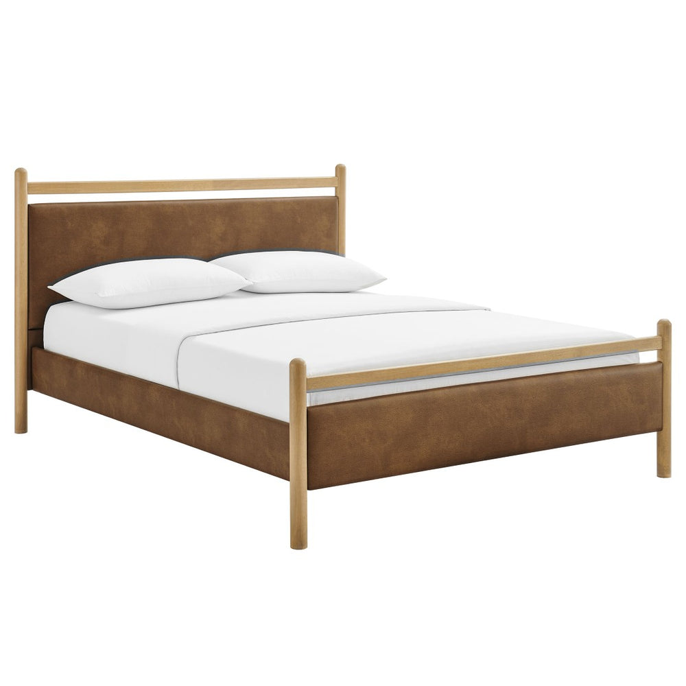 Modway Furniture Ginny Vegan Leather Upholstered King Platform Bed with Padded Headboard and Footboard Light Oak Canyon MOD-7251-LOA-CYN