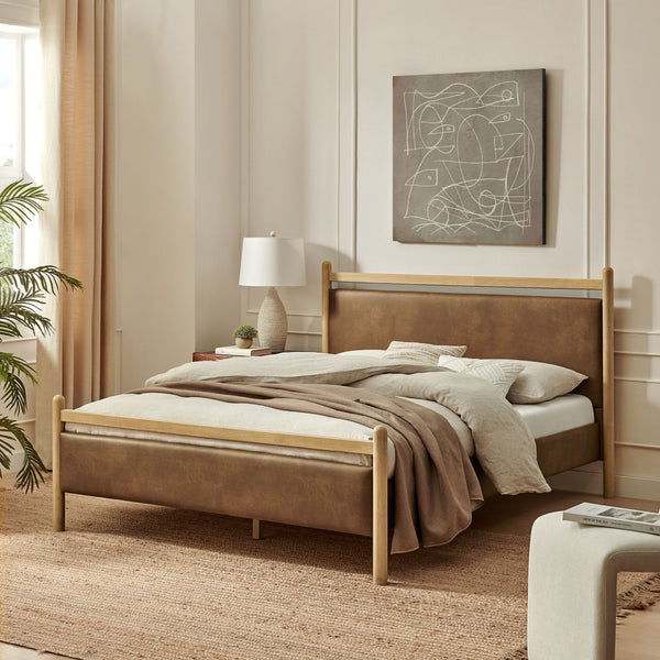 Modway Furniture Ginny Vegan Leather Upholstered King Platform Bed with Padded Headboard and Footboard Light Oak Canyon MOD-7251-LOA-CYN
