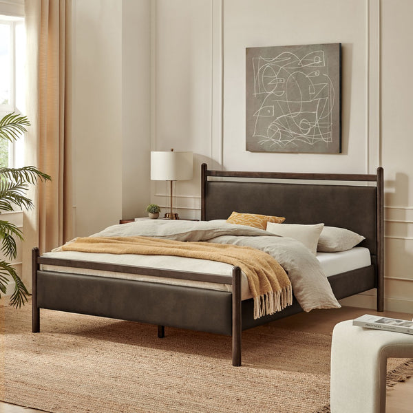 Modway Furniture Ginny Vegan Leather Upholstered King Platform Bed with Padded Headboard and Footboard Wenge Mushroom MOD-7251-WEN-MUS