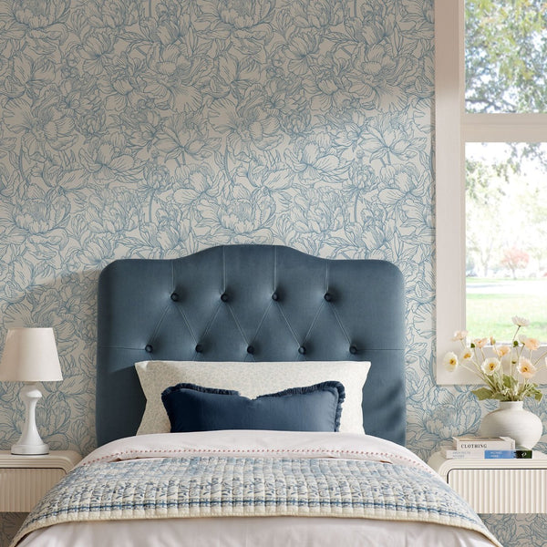 Modway Furniture Annabel Modway Button Tufted Velvet Twin Headboard with Curved Rail for Elegant Bedrooms Cadet Blue MOD-7264-CAB