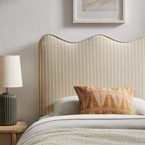 Modway Furniture Athena Scalloped Wave Upholstered Twin Headboard Foam Padded Linen Fabric Bedroom Oatmeal Stripe MOD-7290-OAS