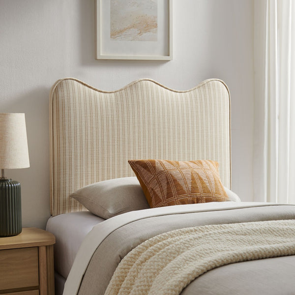 Modway Furniture Athena Scalloped Wave Upholstered Twin Headboard Foam Padded Linen Fabric Bedroom Oatmeal Stripe MOD-7290-OAS