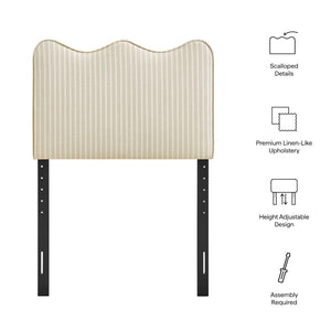 Modway Furniture Athena Scalloped Wave Upholstered Twin Headboard Foam Padded Linen Fabric Bedroom Oatmeal Stripe MOD-7290-OAS