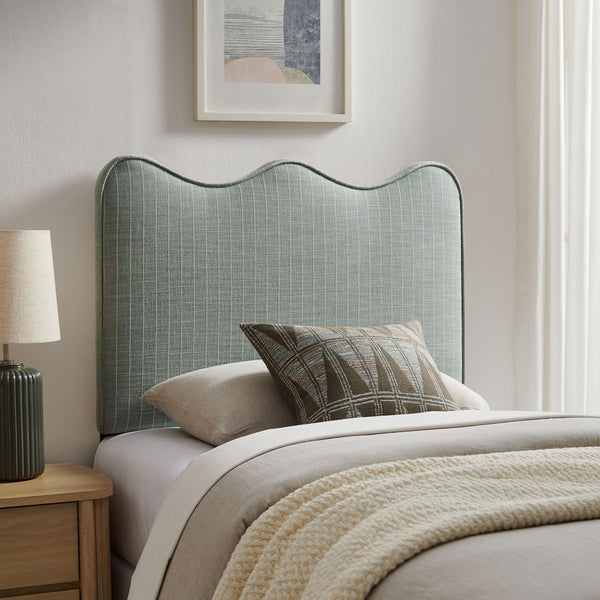Modway Furniture Athena Scalloped Wave Upholstered Twin Headboard Foam Padded Linen Fabric Bedroom Spa Blue Stripe MOD-7290-SPA