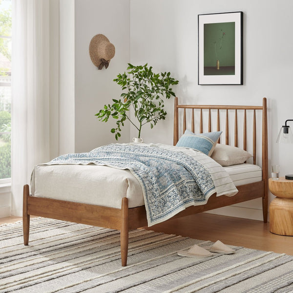 Modway Furniture Zane Rubberwood Spindle Platform Bed Sculpted Mid Century Frame for Twin Rooms Walnut MOD-7301-WAL