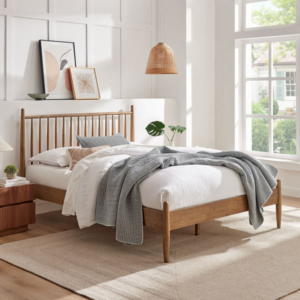 Modway Furniture Zane Solid Rubberwood Spindle Platform Bed Mid-century Modern Full Frame for Guest Rooms Walnut MOD-7302-WAL