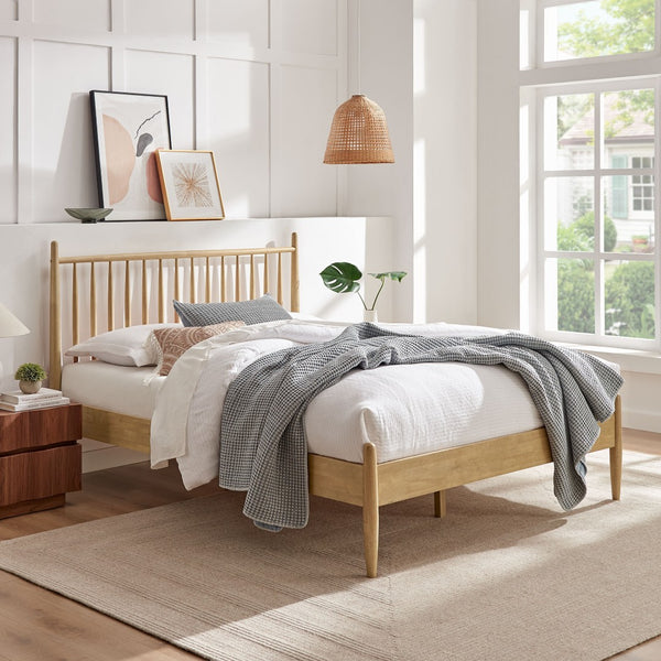 Modway Furniture Zane Modway Rubberwood Spindle Platform Bed Mid-century Headboard for Master Bedroom Light Oak MOD-7304-LOA