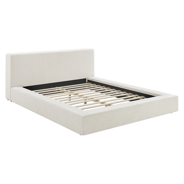 Modway Furniture Luma Chenille Queen Bed Tall Padded Headboard No Box Spring Needed Modern Bedroom Ivory Fabric MOD-7305-HEI