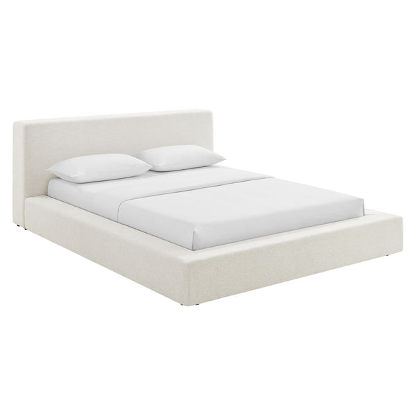 Modway Furniture Luma Chenille Queen Bed Tall Padded Headboard No Box Spring Needed Modern Bedroom Ivory Fabric MOD-7305-HEI