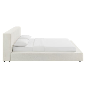 Modway Furniture Luma Chenille Queen Bed Tall Padded Headboard No Box Spring Needed Modern Bedroom Ivory Fabric MOD-7305-HEI