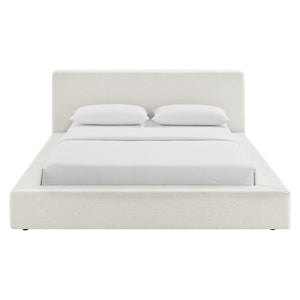 Modway Furniture Luma Chenille Queen Bed Tall Padded Headboard No Box Spring Needed Modern Bedroom Ivory Fabric MOD-7305-HEI