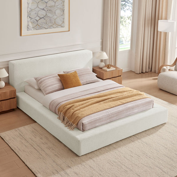 Modway Furniture Luma Chenille Queen Bed Tall Padded Headboard No Box Spring Needed Modern Bedroom Ivory Fabric MOD-7305-HEI
