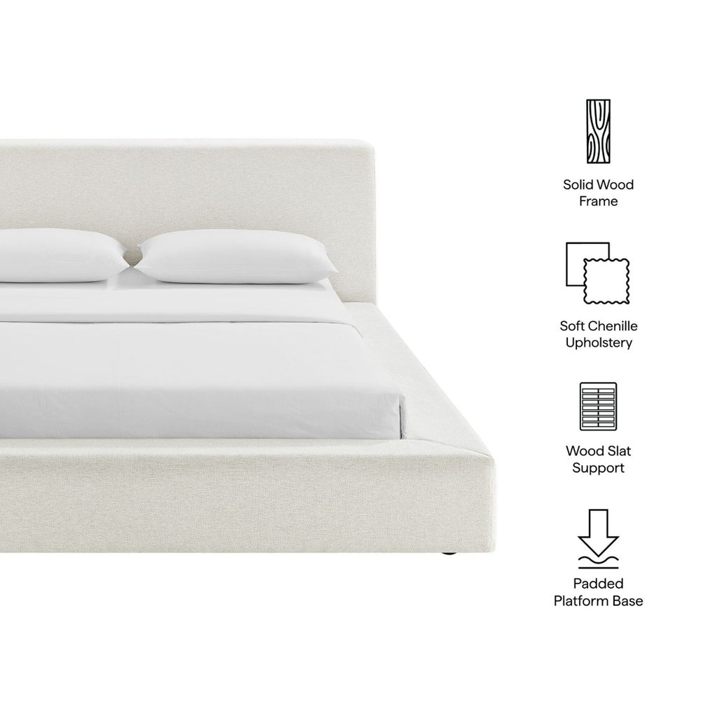 Modway Furniture Luma Chenille Queen Bed Tall Padded Headboard No Box Spring Needed Modern Bedroom Ivory Fabric MOD-7305-HEI
